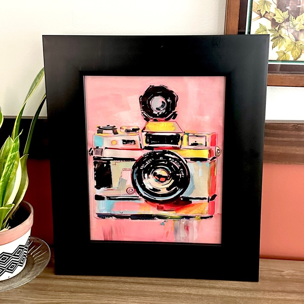 Vintage Camera Print Retro Pink Camera Art Black Frame Canvas Print 16.5x19.5”